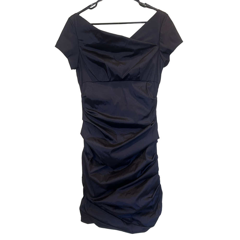 Theia Ruched Off-Shoulder Navy Cocktail Dress – Size 8